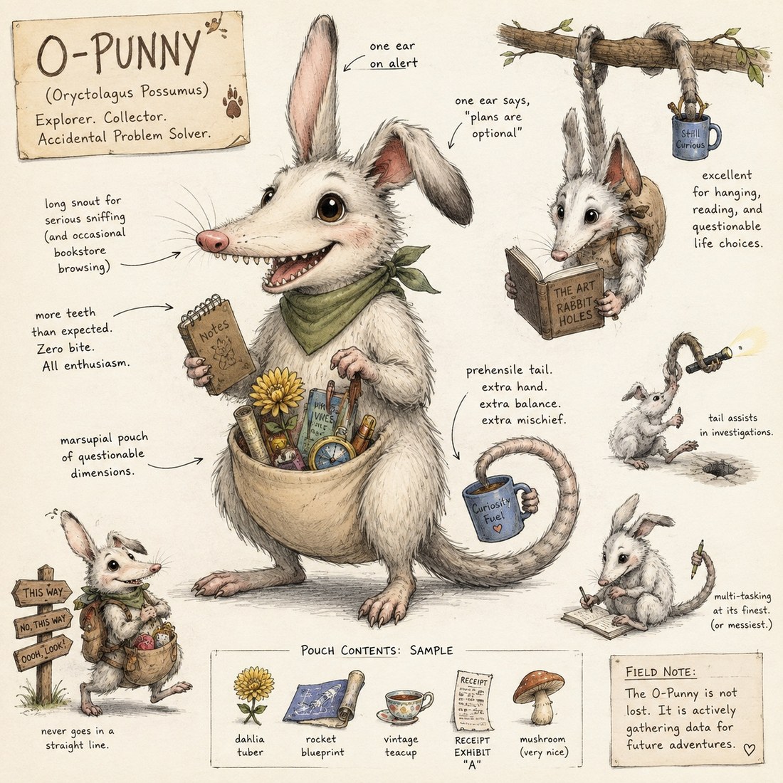 Concept art of the O-punny, the original opossum bunny, with one upright ear, one floppy ear, a long prehensile tail, and a curiosity-filled pouch.